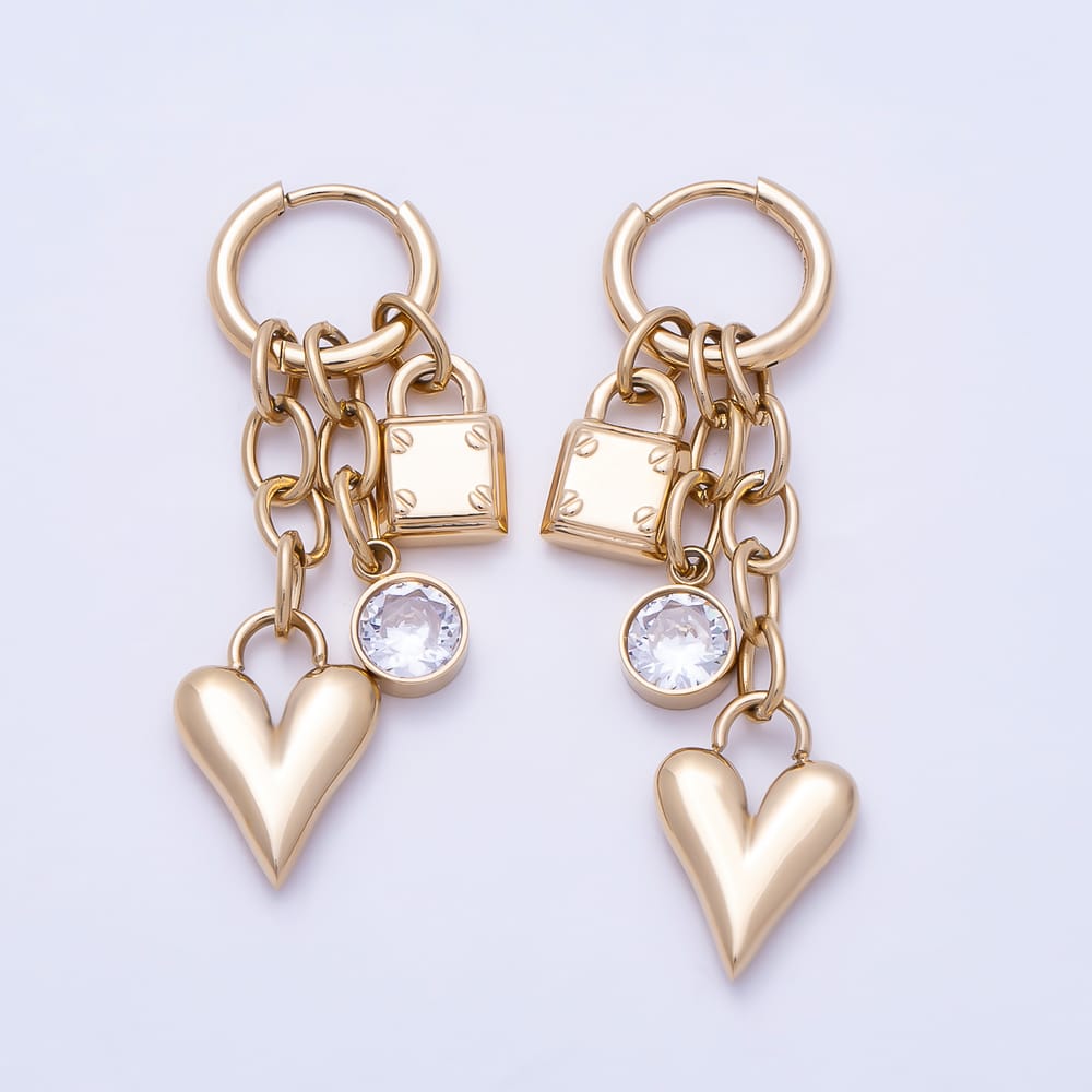 Stainless Steel PVD 45mm Round CZ Puffy Heart Padlock Multi Drop Huggie Earrings in Gold & Silver | Earrings-01153 Earrings-01154