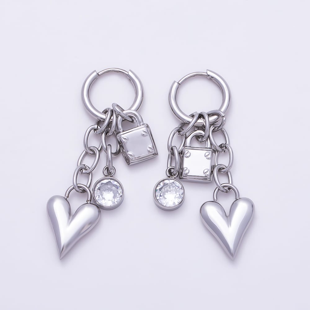 Stainless Steel PVD 45mm Round CZ Puffy Heart Padlock Multi Drop Huggie Earrings in Gold & Silver | Earrings-01153 Earrings-01154