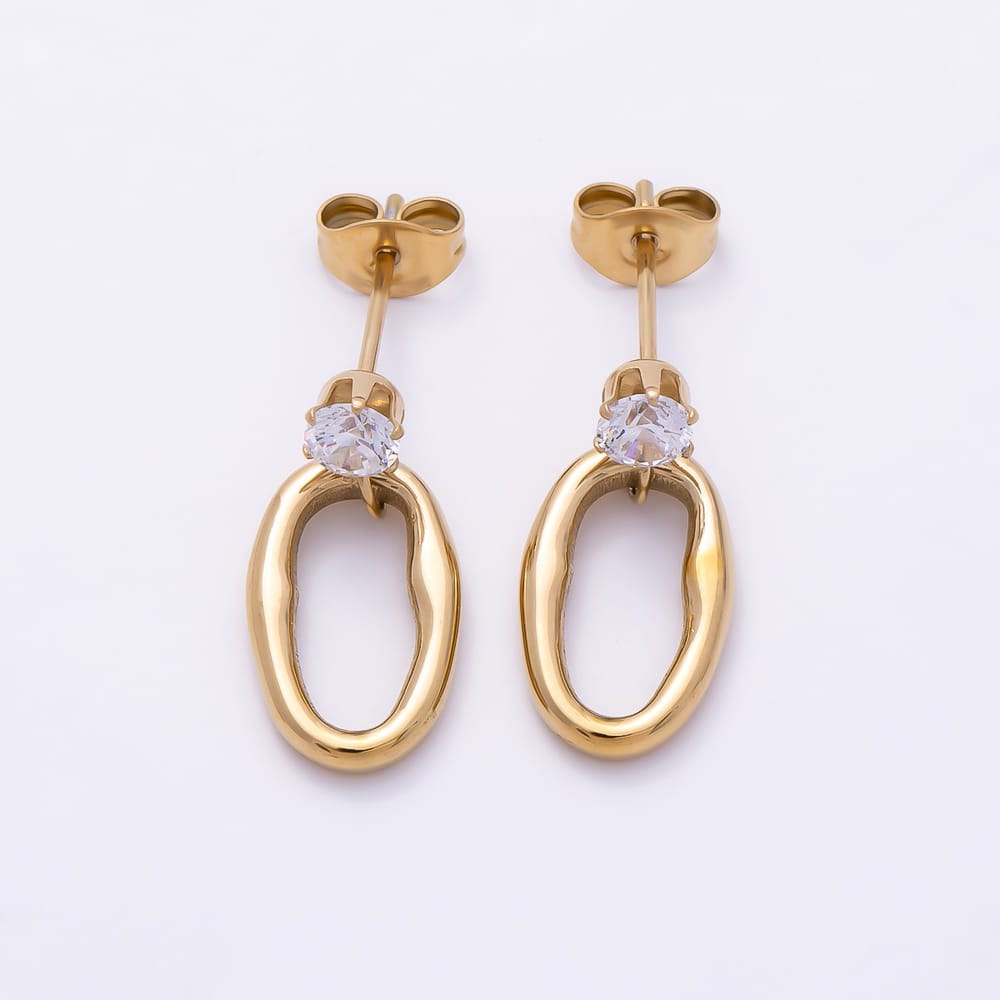 Stainless Steel PVD 18mm Clear CZ Open Molten Oval Drop Earrings in Gold & Silver | Earrings-01155 Earrings-01156