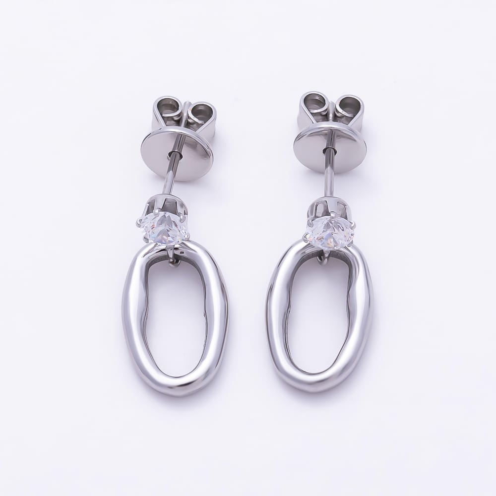 Stainless Steel PVD 18mm Clear CZ Open Molten Oval Drop Earrings in Gold & Silver | Earrings-01155 Earrings-01156