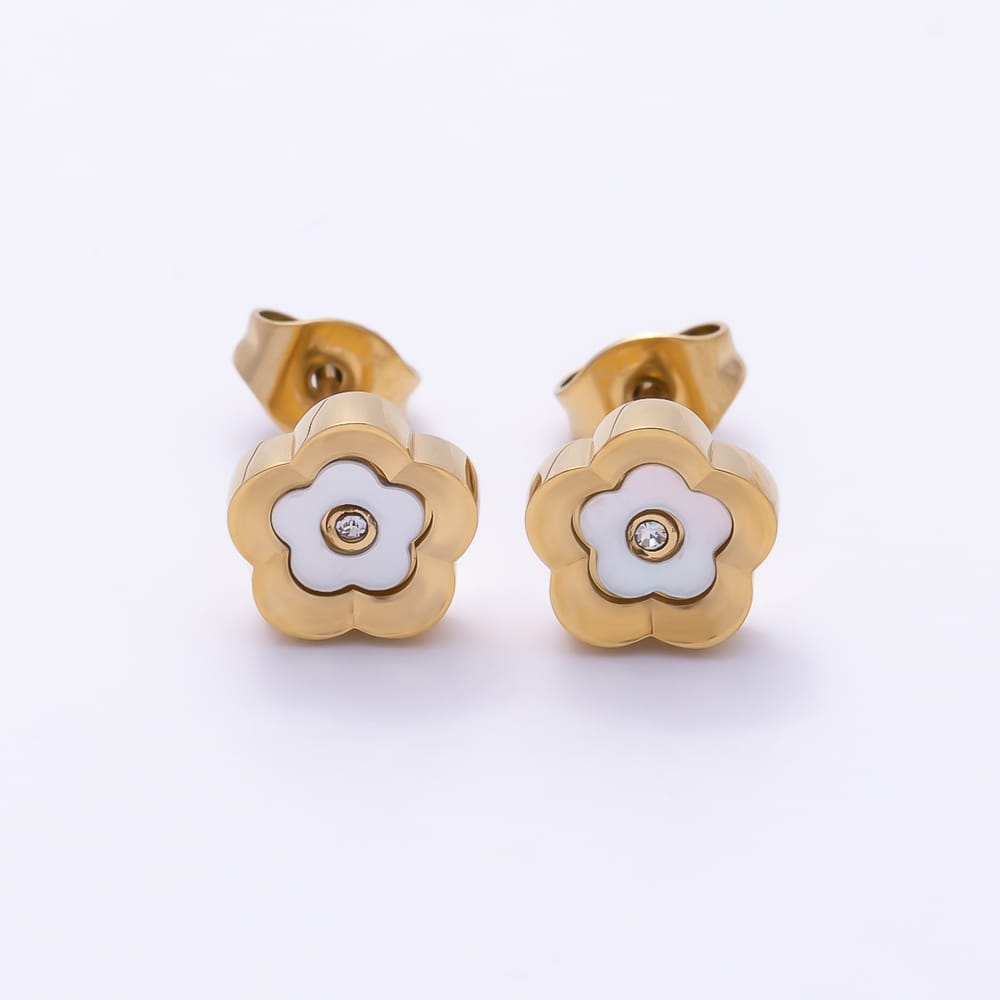 Stainless Steel PVD 8mm Clear CZ Shell Pearl Flower Outline Bezel Stud Earrings in Gold & Silver | Earrings-01157 Earrings-01158