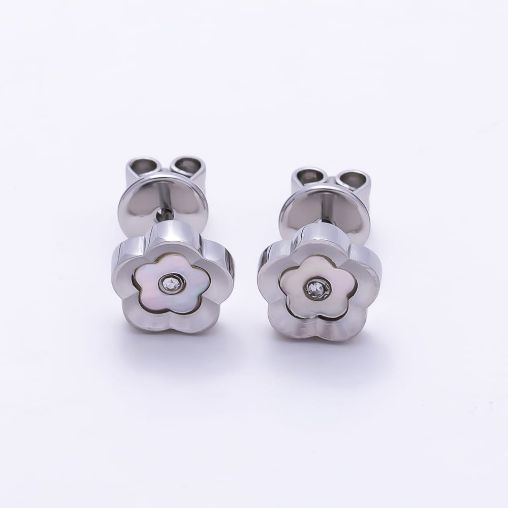 Stainless Steel PVD 8mm Clear CZ Shell Pearl Flower Outline Bezel Stud Earrings in Gold & Silver | Earrings-01157 Earrings-01158