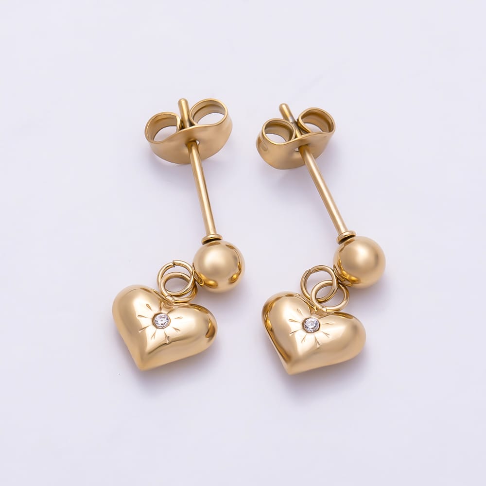 Stainless Steel PVD 10mm Clear CZ Starburst Chubby Heart Round Drop Stud Earrings in Gold & Silver | Earrings-01159 Earrings-01160