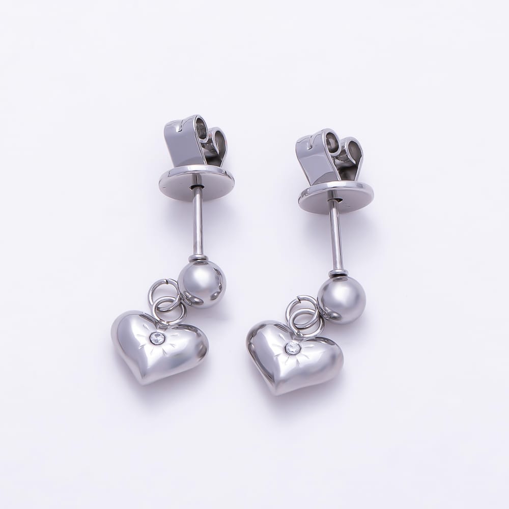 Stainless Steel PVD 10mm Clear CZ Starburst Chubby Heart Round Drop Stud Earrings in Gold & Silver | Earrings-01159 Earrings-01160