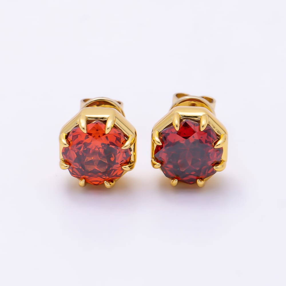 16K Gold Filled 18mm Dark Red CZ Claw Hexagon Solitaire Stud Earrings | Earrings-01161
