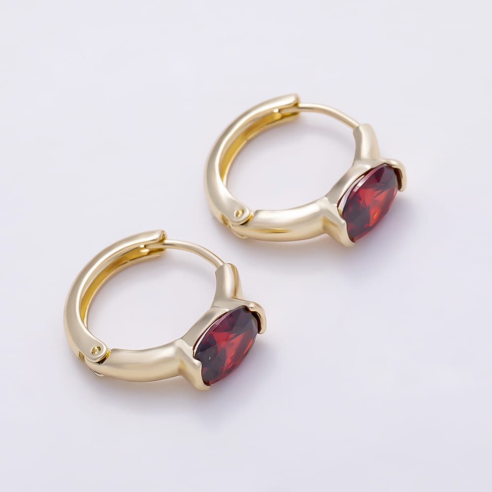 14K Gold Filled 17.3mm Clear, Red CZ Oval Semi-Bezel Solitaire Cartilage Huggie Earrings | Earrings-00090