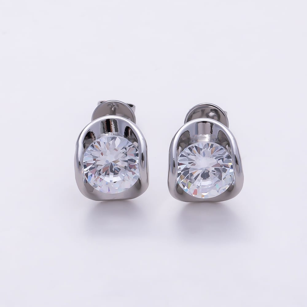 16K Gold Filled 17mm Clear Round CZ Solitaire Round Geometric Wrap Bezel Stud Earrings in Gold & Silver | Earrings-01180 Earrings-01165