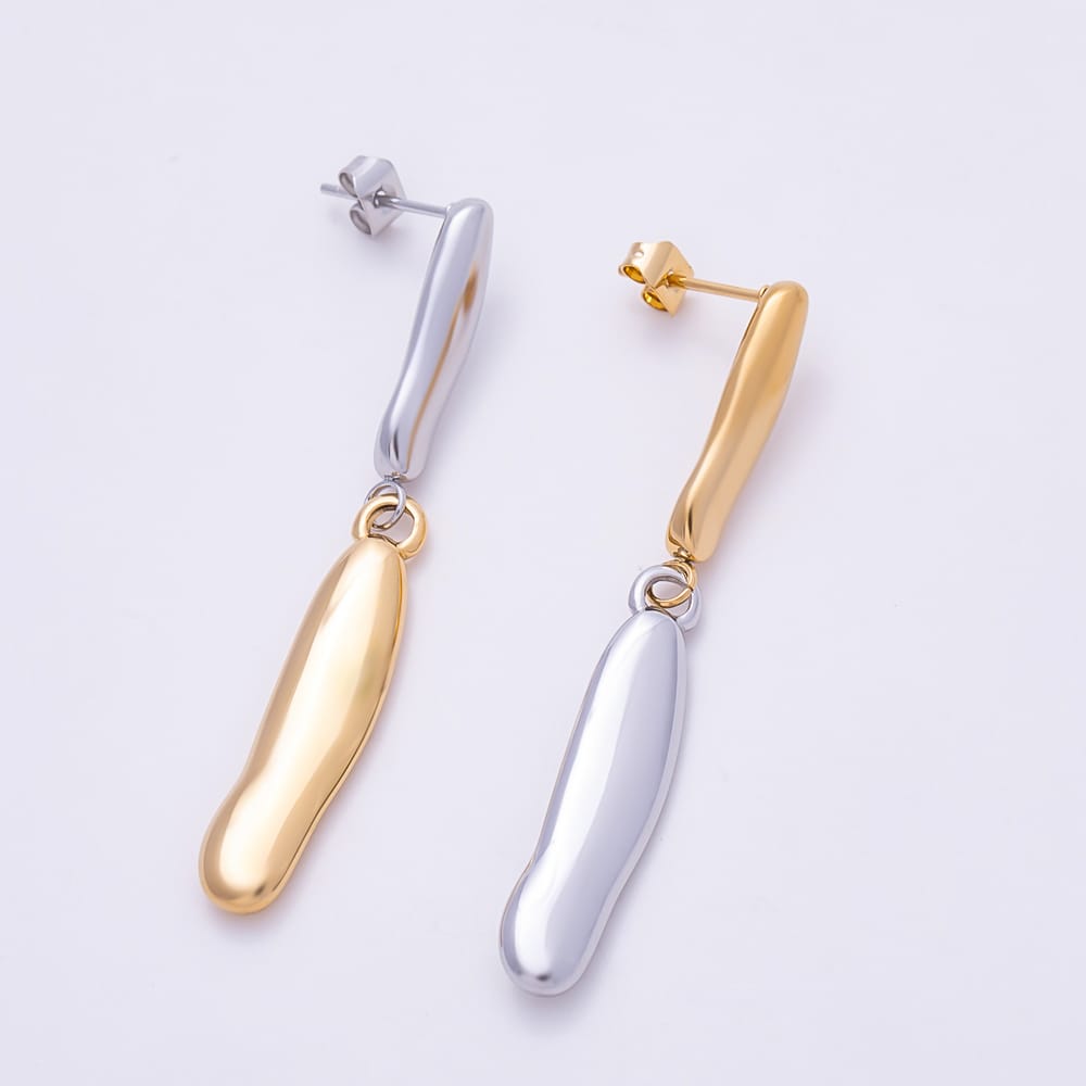 Stainless Steel PVD 53mm Mixed Metal Molten Oval Drop Stud Earrings | Earrings-01173
