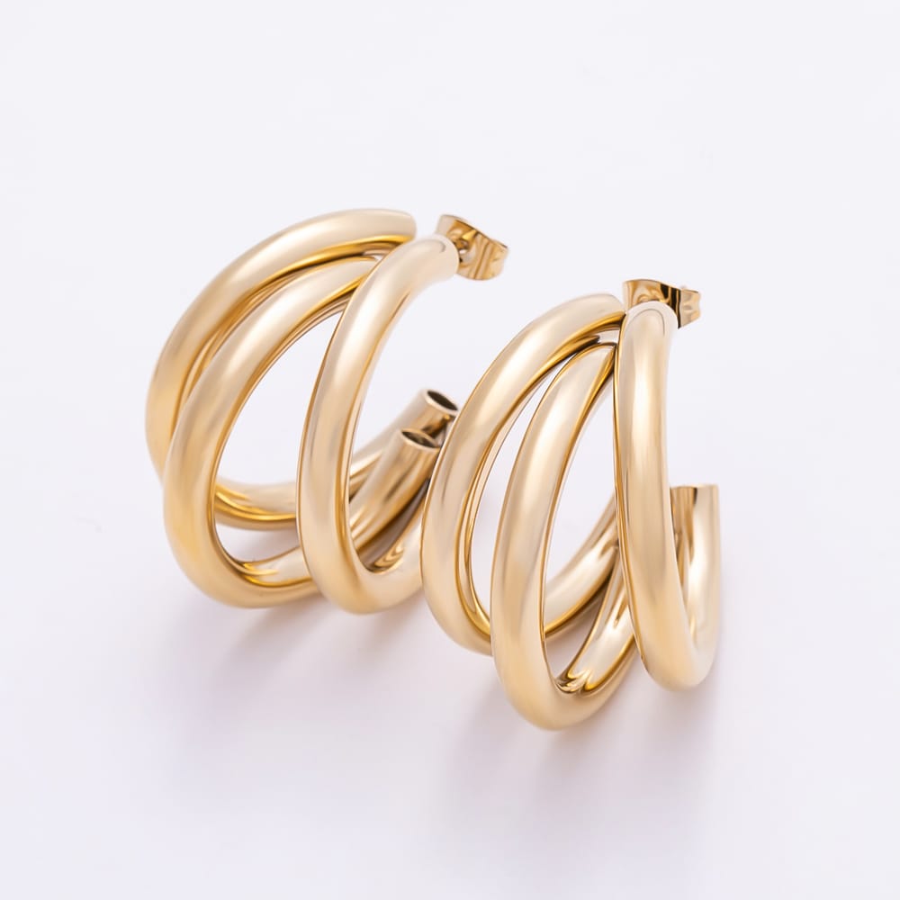 Stainless Steel PVD 30mm Triple Band Overlap C-Shaped Hoop Earrings | Earrings-01178