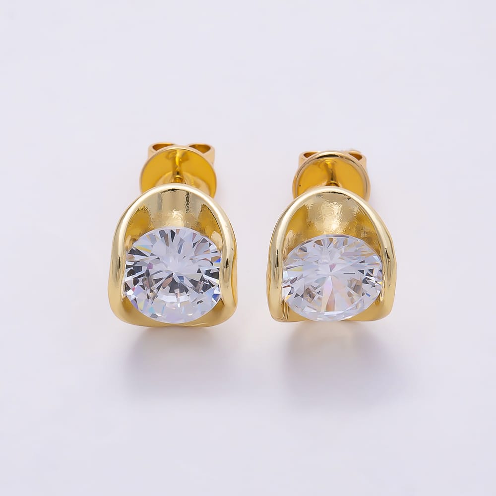 16K Gold Filled 17mm Clear Round CZ Solitaire Round Geometric Wrap Bezel Stud Earrings in Gold & Silver | Earrings-01180 Earrings-01165