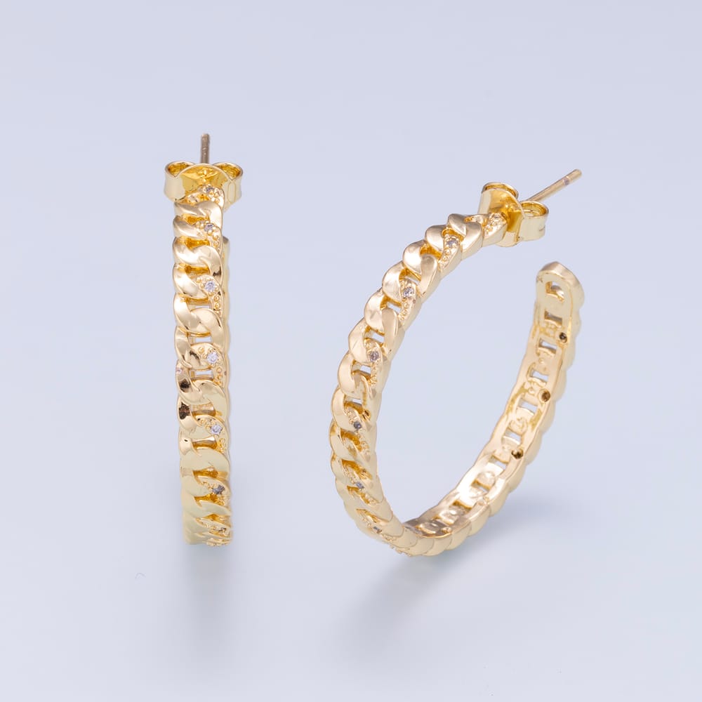 16K Gold Filled 30mm Curb Chain Minimalist C-Shaped Hoop Earrings | Earrings-01181