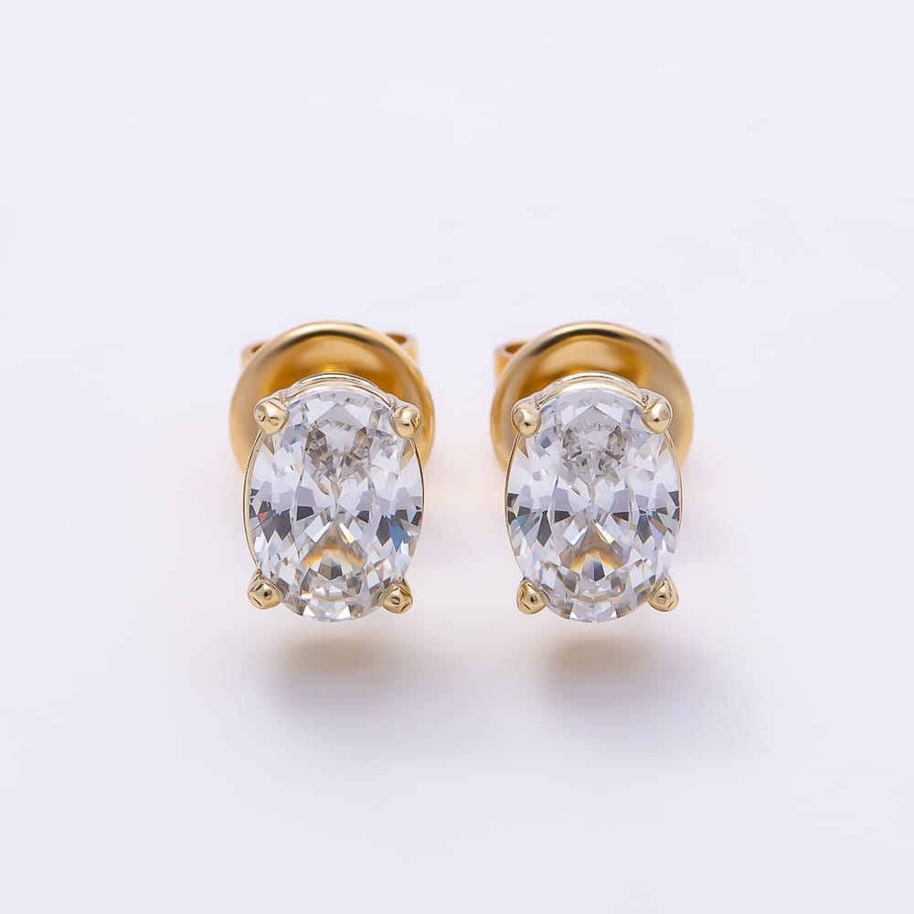 14K Gold Filled 7mm Clear CZ Oval 4-Prong Solitaire Stud Earrings | Earrings-01183