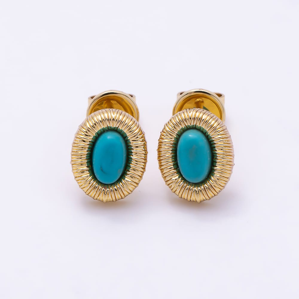 16K Gold Filled 10mm Blue Turquoise Lined Ribbed Textured Oval Bezel Stud Earrings | Earrings-01204