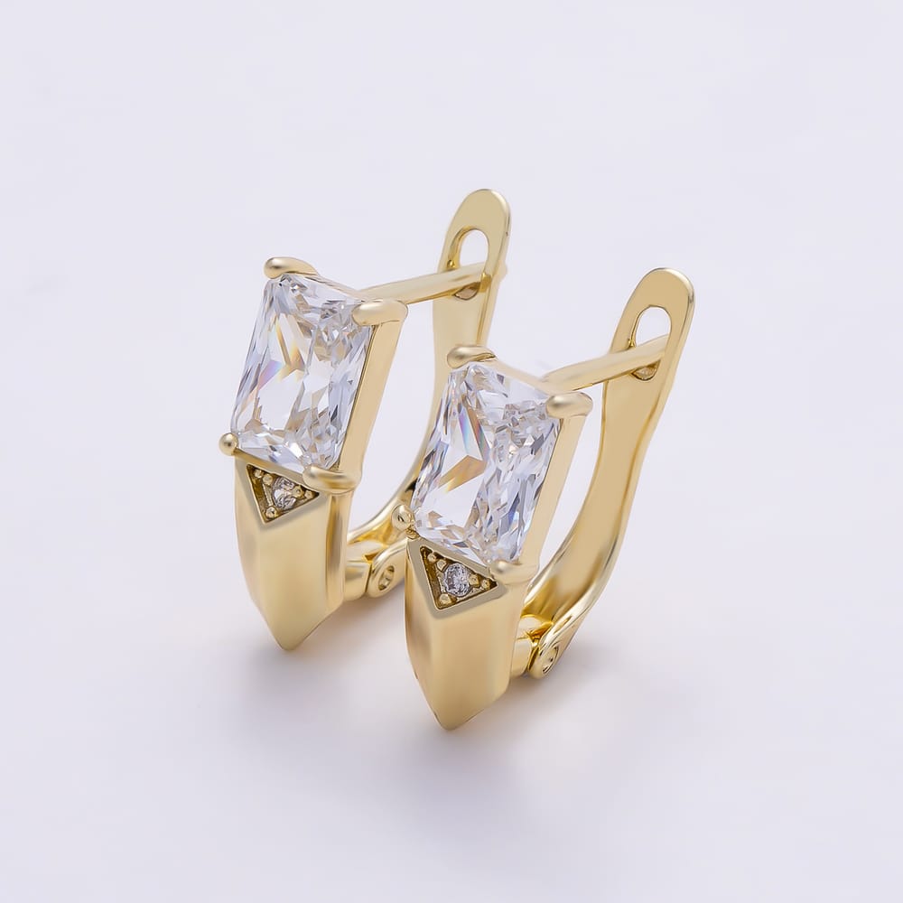 14K Gold Filled 17mm Clear Baguette CZ Edged Geometric English Lock Hoop Earrings | Earrings-01208