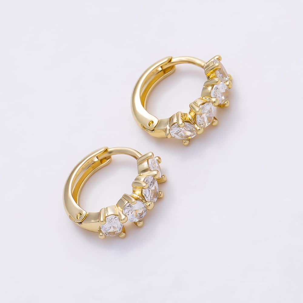 14K Gold Filled 14mm Clear Round CZ Prong Lined Edged Geometric Huggie Hoop | Earrings-01209