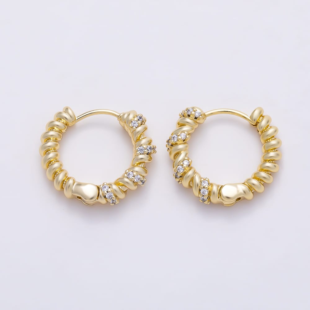 14K Gold Filled 15mm Micro Paved CZ Twisted Coil Huggie Hoop Earrings | Earrings-01211