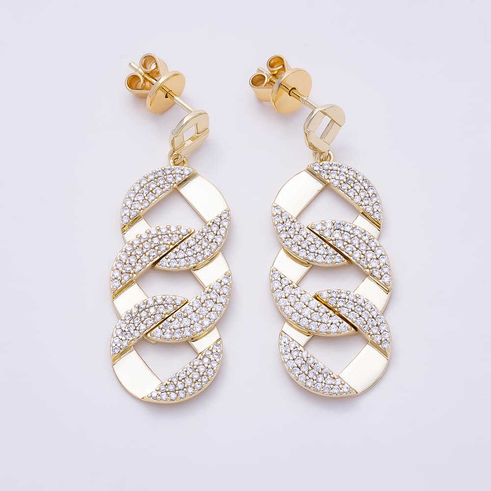14K Gold Filled 38mm Micro Paved CZ Curb Chain Drop Stud Earrings | Earrings-01213