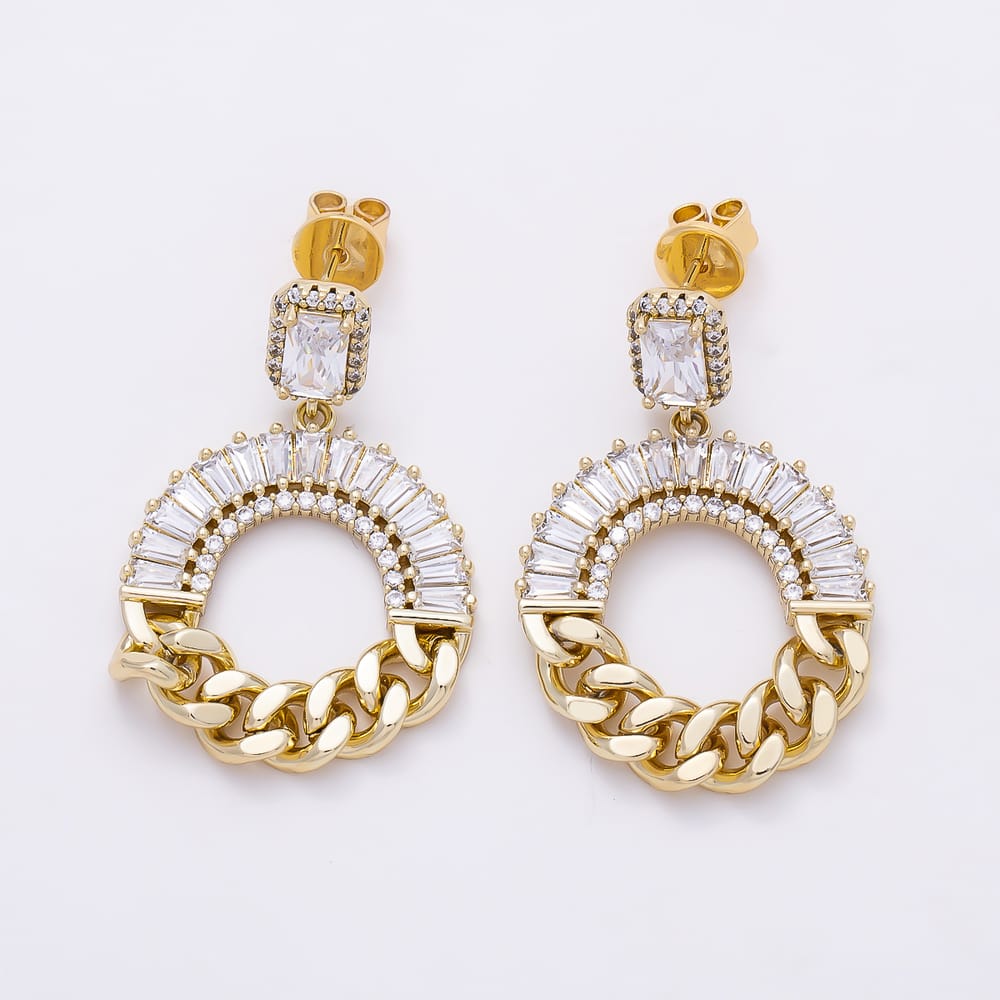 14K Gold Filled 35mm Clear Baguette CZ Curb Chain Round Drop Stud Earrings | Earrings-01214
