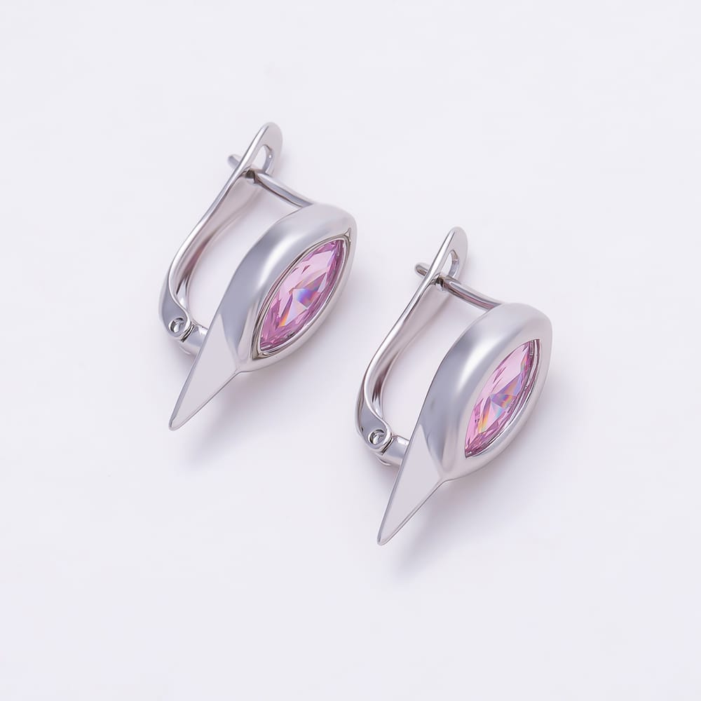 Silver 17mm Pink, Purple, Blue, Red, Green, Clear, AB, Black Marquise CZ Spiked English Lock Hoop Earrings | Earrings-01215 ~ Earrings-01222
