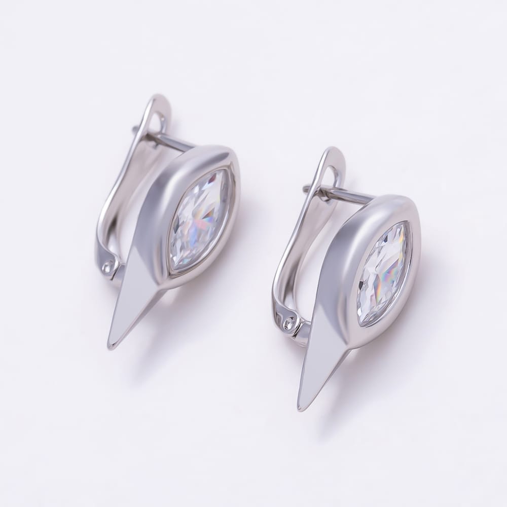 Silver 17mm Pink, Purple, Blue, Red, Green, Clear, AB, Black Marquise CZ Spiked English Lock Hoop Earrings | Earrings-01215 ~ Earrings-01222