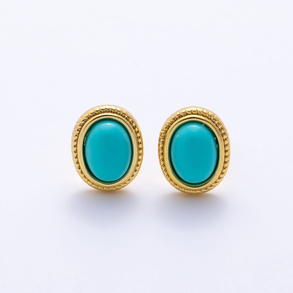 16K Gold Filled 15mm Turquoise Oval Cabochon Stud Earrings in Gold & Silver | Earrings-01223 Earrings-01224