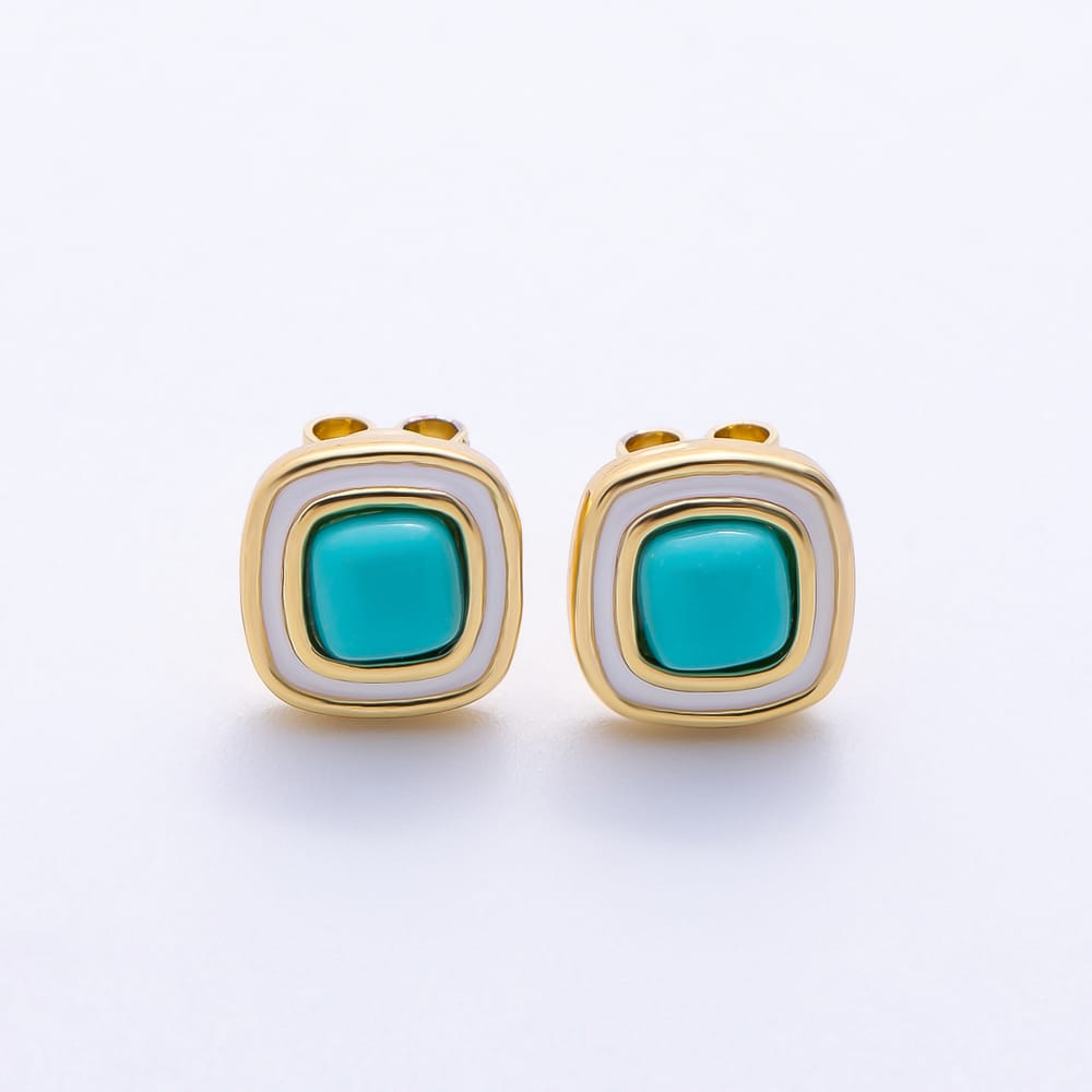 16K Gold Filled 14mm Turquoise Shell Pearl Square Bezel Stud Earrings in Gold & Silver | Earrings-01225 Earrings-01226