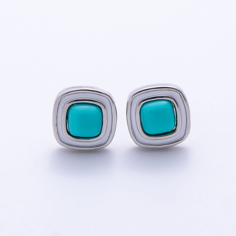 16K Gold Filled 14mm Turquoise Shell Pearl Square Bezel Stud Earrings in Gold & Silver | Earrings-01225 Earrings-01226