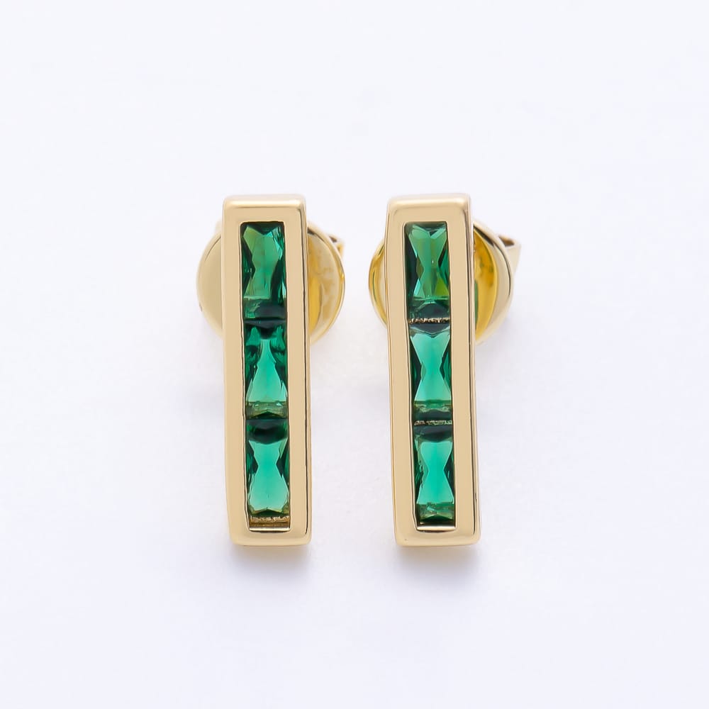 16K Gold Filled 14mm Green Baguette CZ Bar Stud Earrings in Gold & Silver | Earrings-01231 Earrings-01232