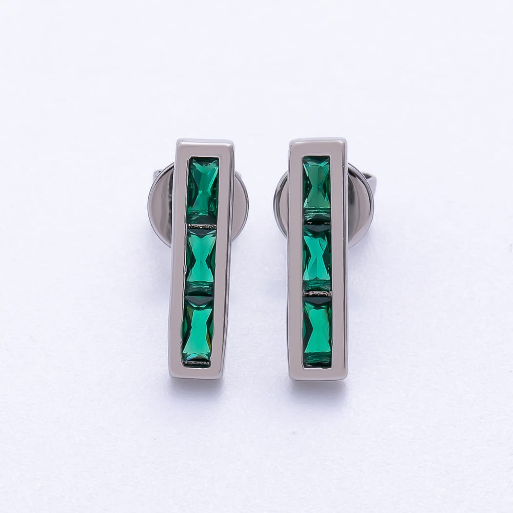 16K Gold Filled 14mm Green Baguette CZ Bar Stud Earrings in Gold & Silver | Earrings-01231 Earrings-01232