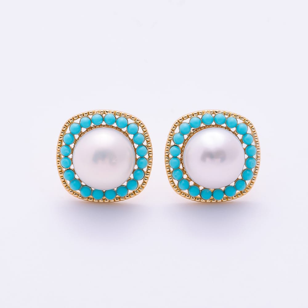 16K Gold Filled 15mm Shell Pearl Turquoise Round Square Stud Earrings in Gold & Silver | Earrings-01233 Earrings-01234