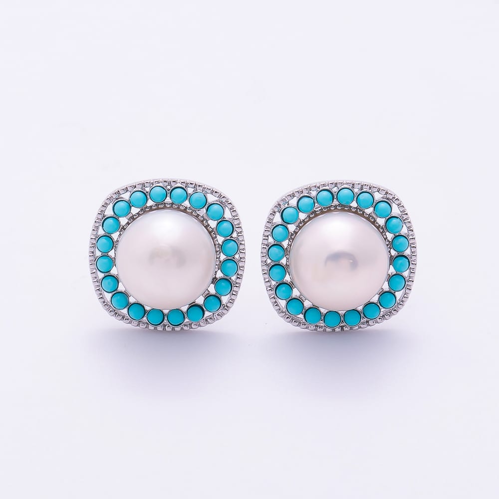 16K Gold Filled 15mm Shell Pearl Turquoise Round Square Stud Earrings in Gold & Silver | Earrings-01233 Earrings-01234