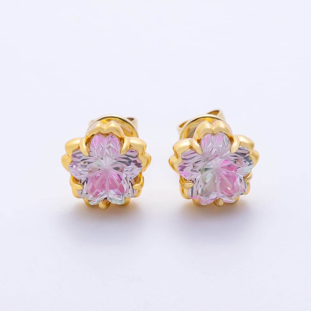16K Gold Filled 17mm Blue, Purple, Green, Orange CZ Prong Bezel Flower Stud Earrings | Earrings-01239 ~ Earrings-01242