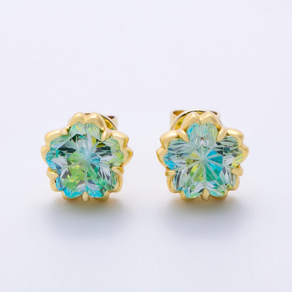 16K Gold Filled 17mm Blue, Purple, Green, Orange CZ Prong Bezel Flower Stud Earrings | Earrings-01239 ~ Earrings-01242