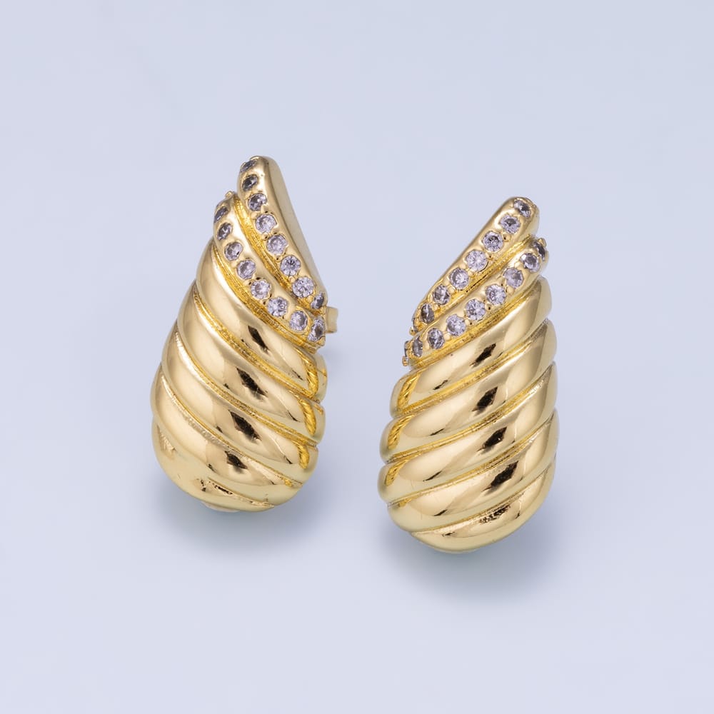 16K Gold Filled 40mm Micro Paved CZ Croissant Dome Teardrop Stud Earrings | Earrings-01244