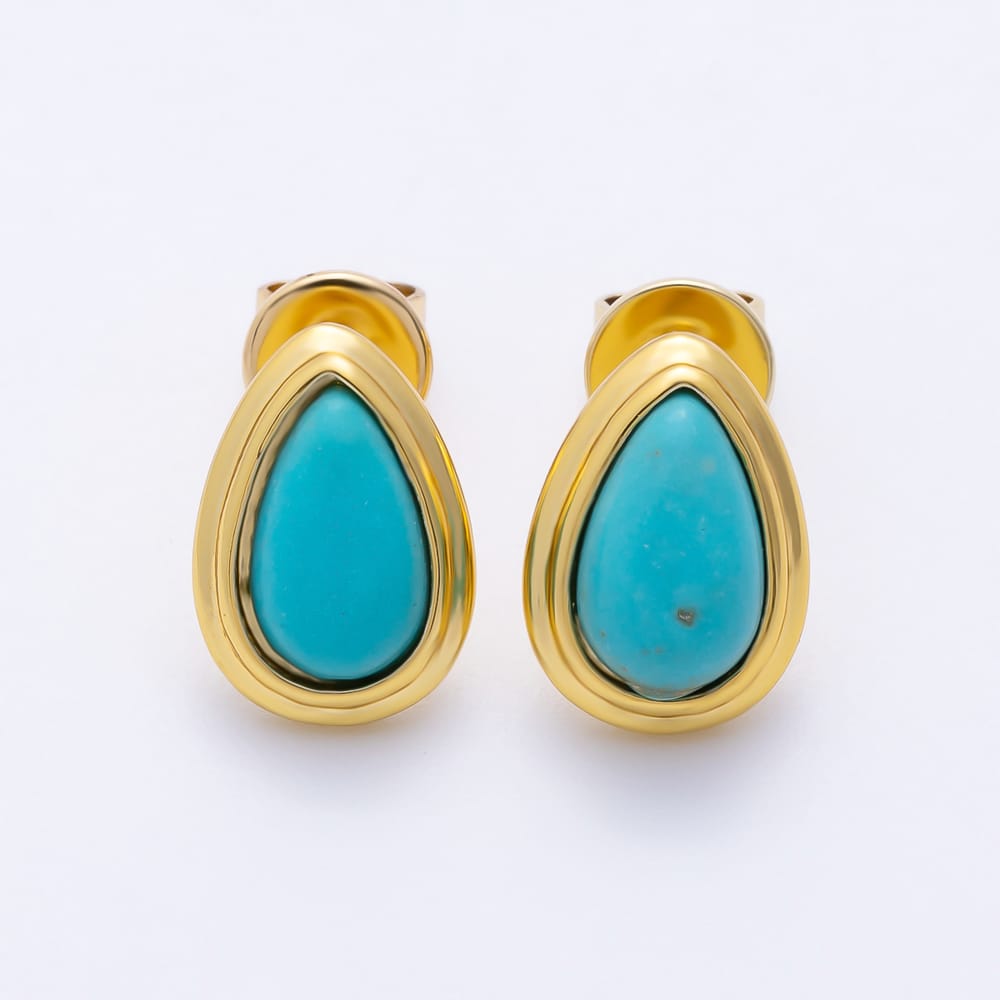 16K Gold Filled 13mm Blue Turquoise Teardrop Bezel Stud Earrings | Earrings-01253