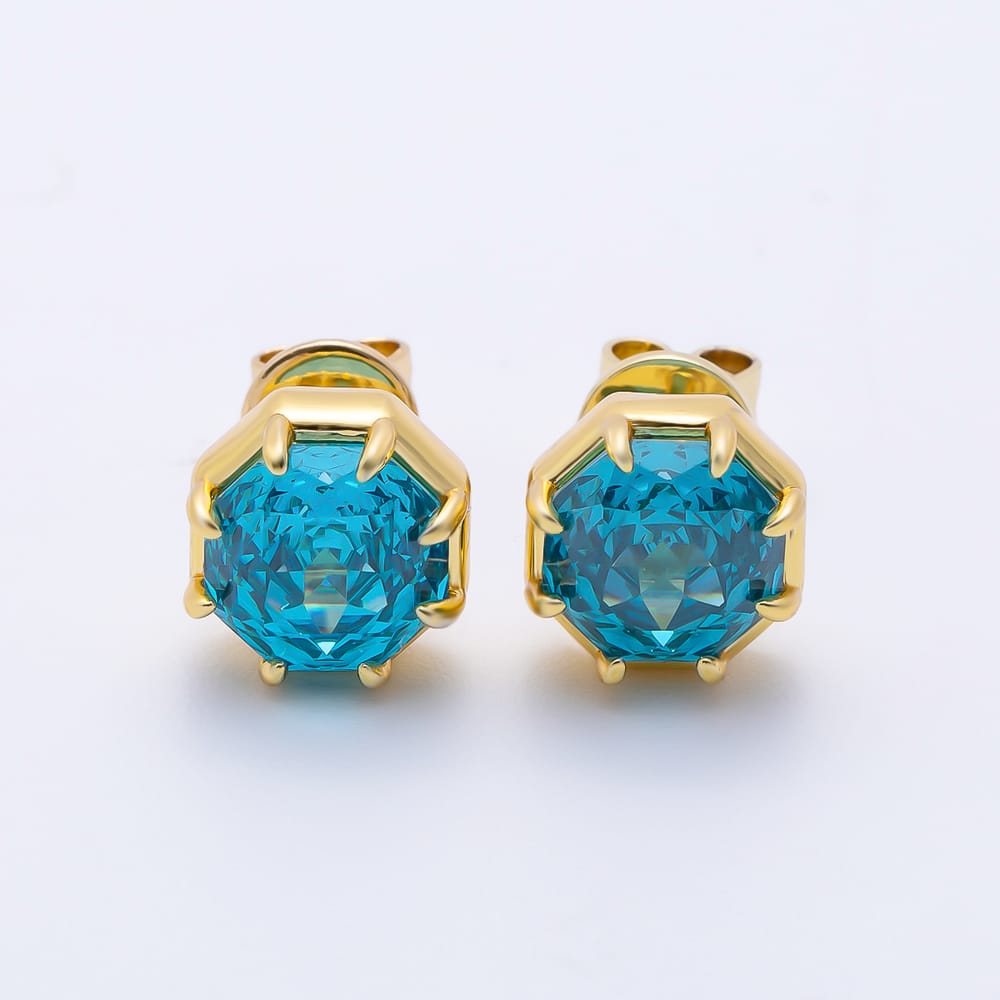 16K Gold Filled 10mm Blue, Green CZ Hexagon Prong Solitaire Stud Earrings | Earrings-01255 Earrings-01256