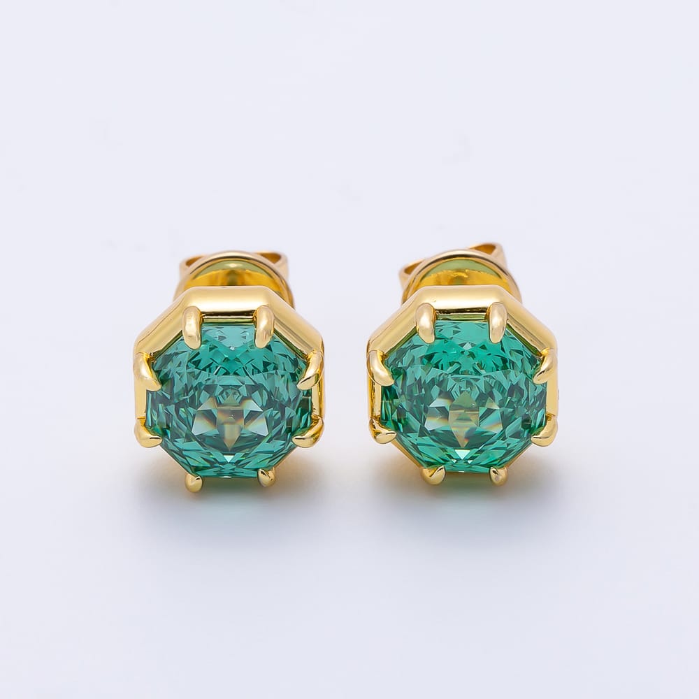 16K Gold Filled 10mm Blue, Green CZ Hexagon Prong Solitaire Stud Earrings | Earrings-01255 Earrings-01256