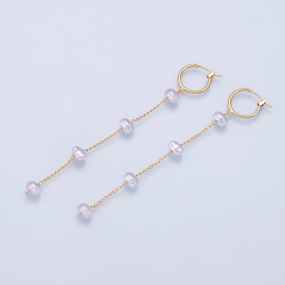 16K Gold Filled 4 Inches Shell Pearl Button Chain Drop Latch Hoop Earrings | Earrings -01257