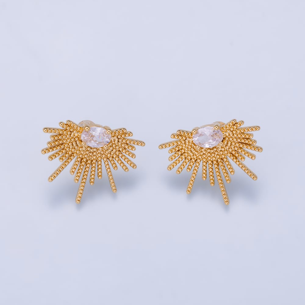 16K Gold Filled 20mm Clear CZ Oval Rope Geometric Sunburst Stud | Earrings-01262