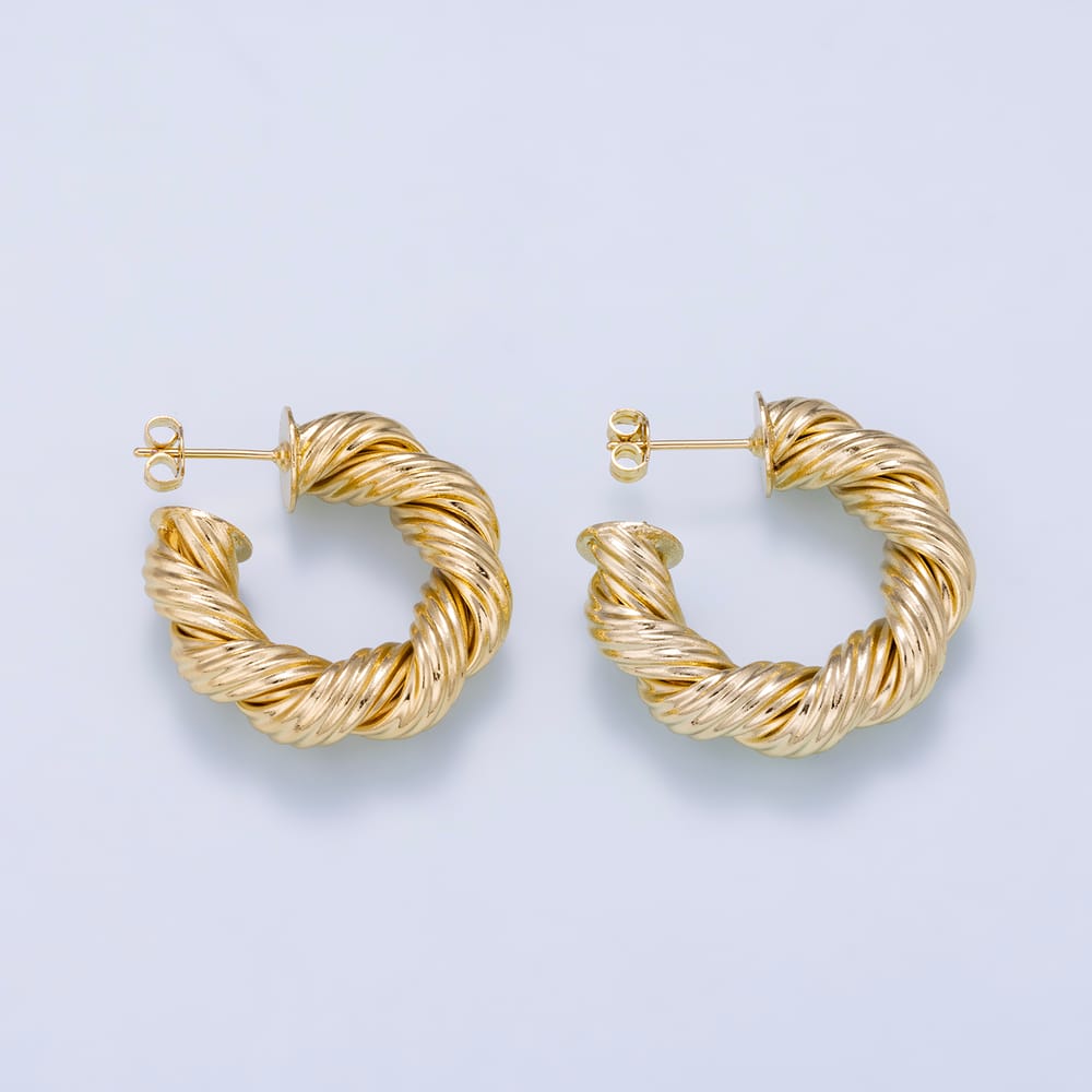 16K Gold Filled 30mm Minimalist Twist Croissant C-Shaped Hoop Earrings | Earrings-01267