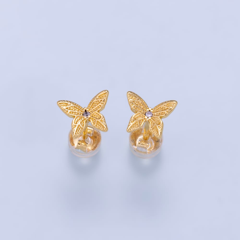 16K Gold Filled 8mm Clear CZ Butterfly Textured Stud Earrings | Earrings-01268