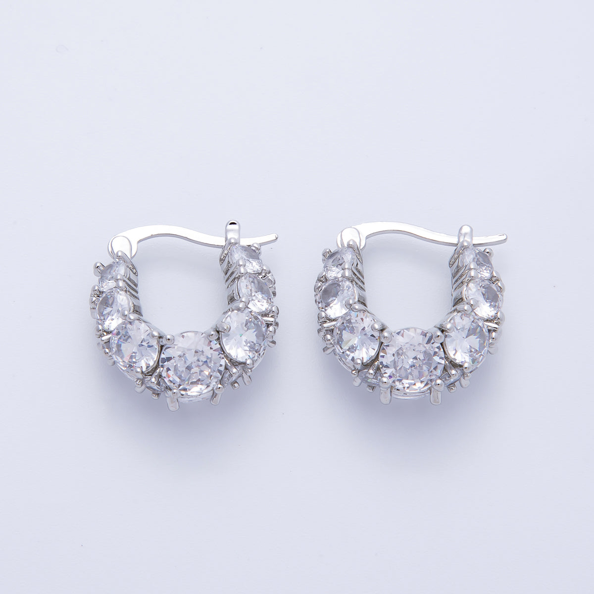 14K Gold Filled 18.8mm Clear CZ Gradient Latch Hoop Earrings in Gold & Silver | Earr-020003 Earr-020004