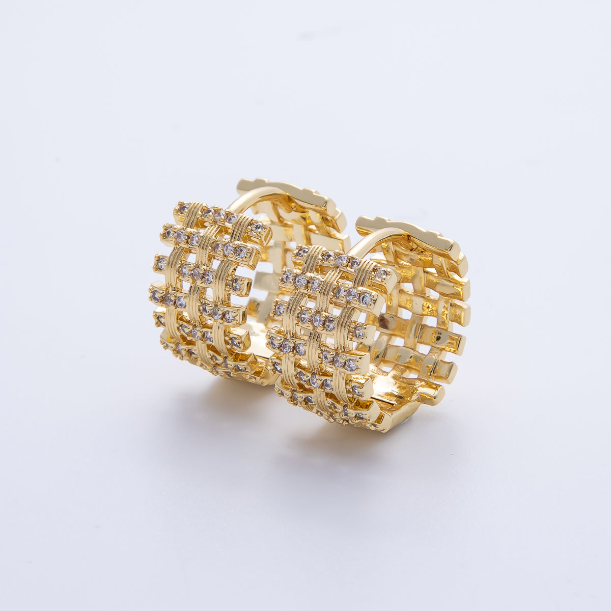 14K Gold Filled 16.5mm Micro Paved CZ Woven Ribbed Huggie Earring in Gold & Silver | Earr-020005 Earr-020006