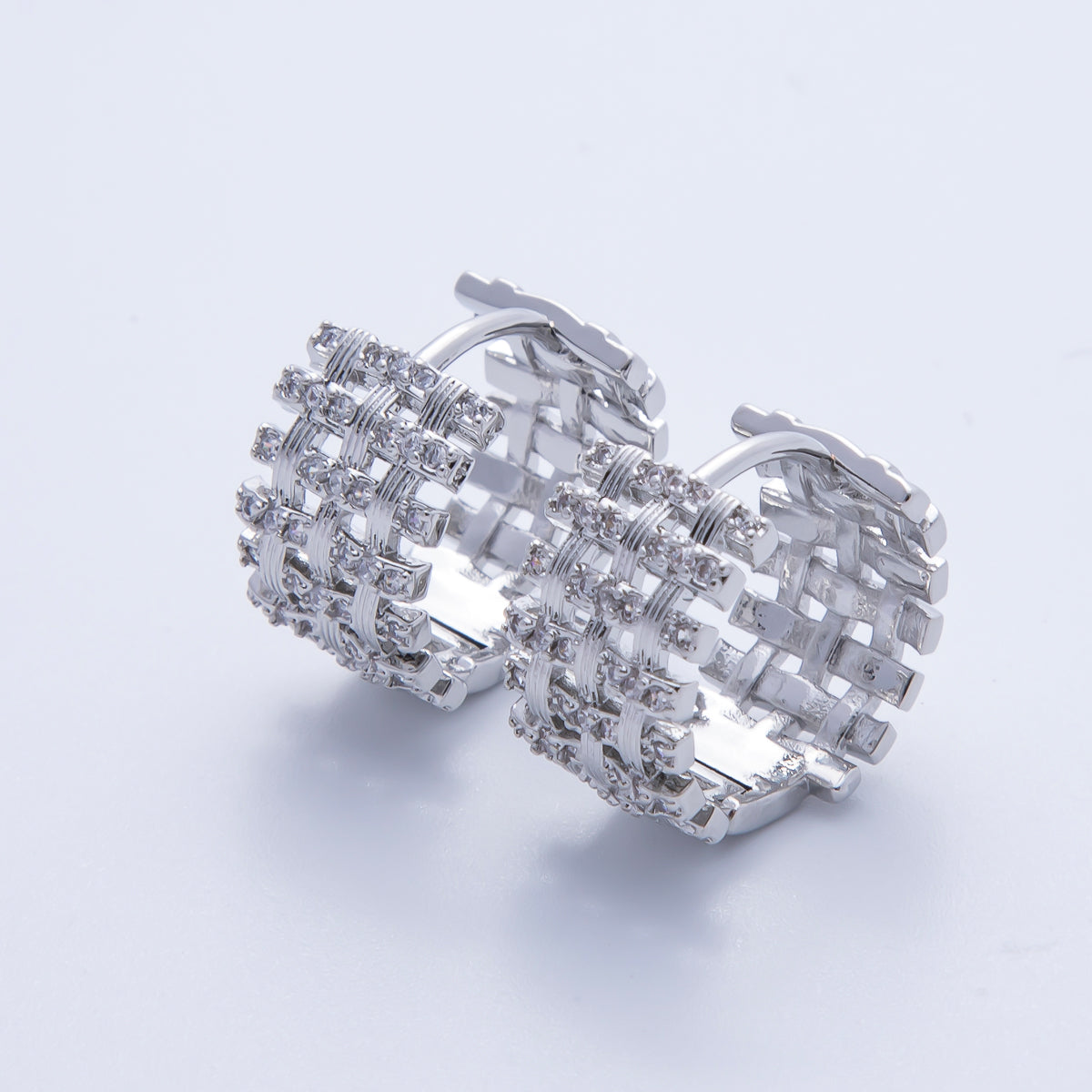 14K Gold Filled 16.5mm Micro Paved CZ Woven Ribbed Huggie Earring in Gold & Silver | Earr-020005 Earr-020006