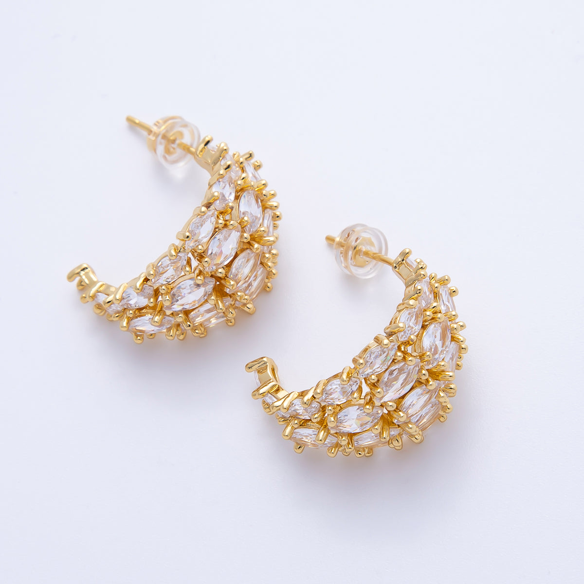 14K Gold Filled 22.5mm Clear CZ Marquise C-Shaped Hoop Earrings in Gold & Silver | Earr-020007 Earr-020008