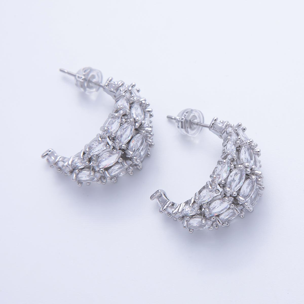 14K Gold Filled 22.5mm Clear CZ Marquise C-Shaped Hoop Earrings in Gold & Silver | Earr-020007 Earr-020008