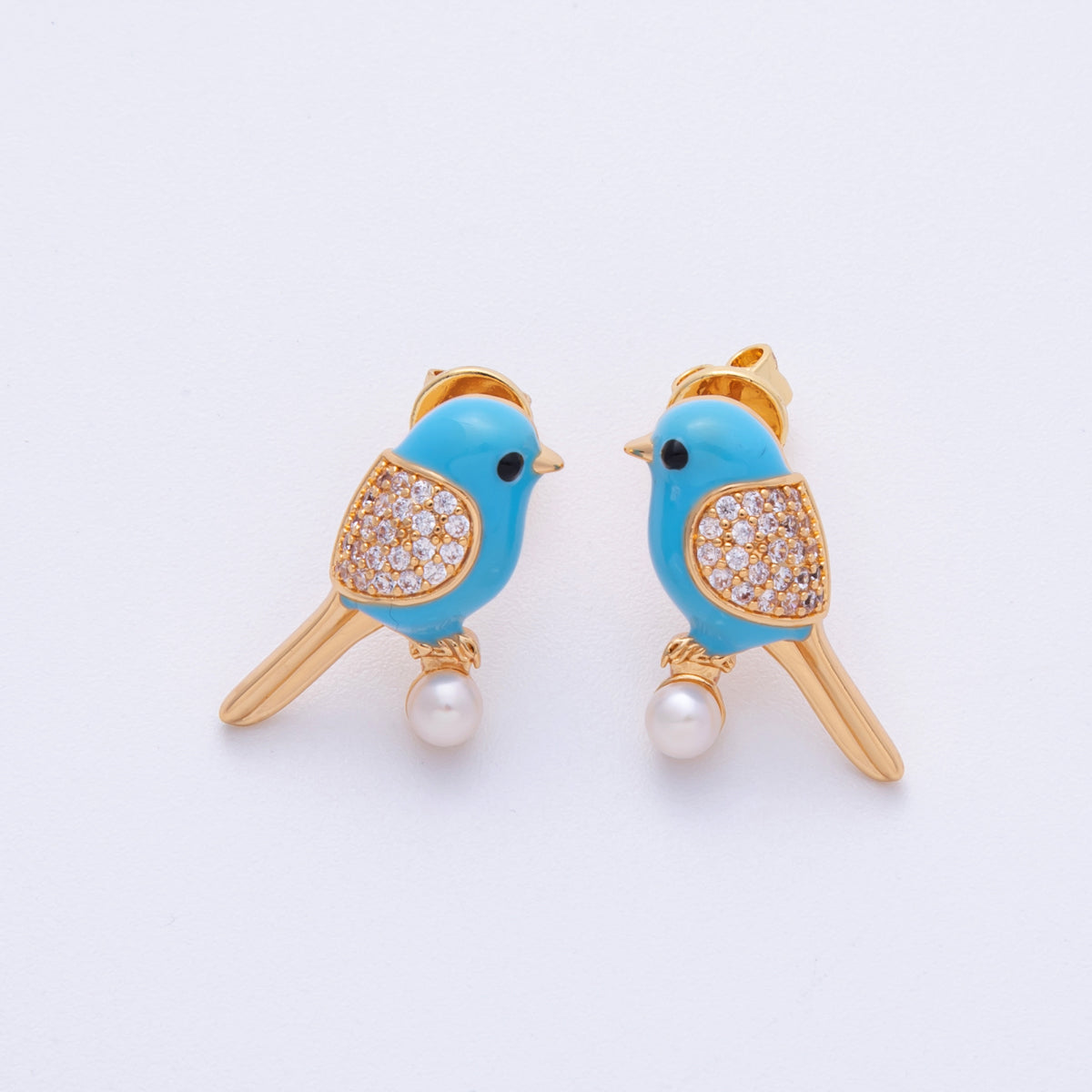 14K Gold Filled 21.5mm Blue Enamel Micro Paved CZ Parrot Bird Stud Earrings | Earrings-020012