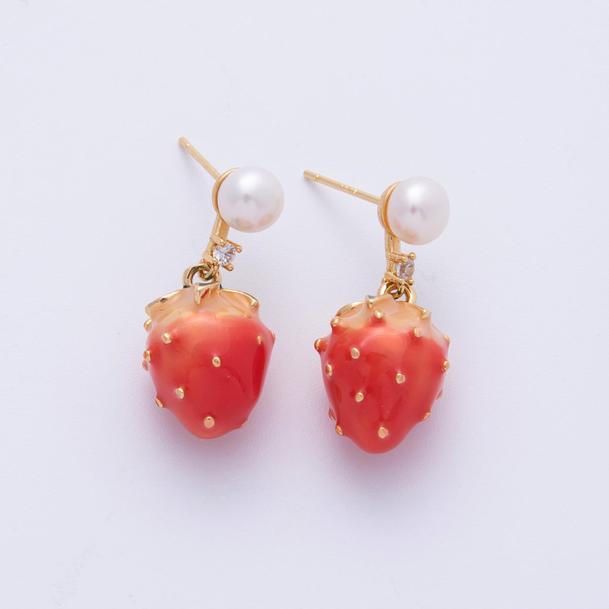 14K Gold Filled 24.5mm Strawberry Enamel Shell Pearl Drop Stud Earrings | Earrings-020013