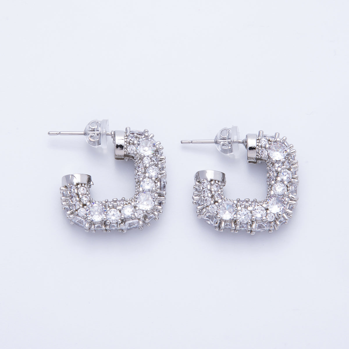 14K Gold Filled 19mm Micro Paved CZ Square J-Shaped Hoop Earrings in Gold & Silver | Earr-020014 Earr-020015