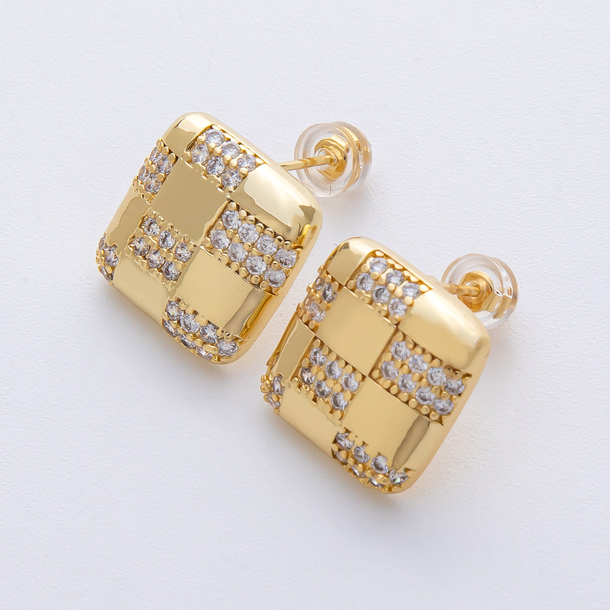14K Gold Filled 15mm Micro Paved CZ Checkered Square Stud Earrings in Gold & Silver | Earr-020020 Earr-020021